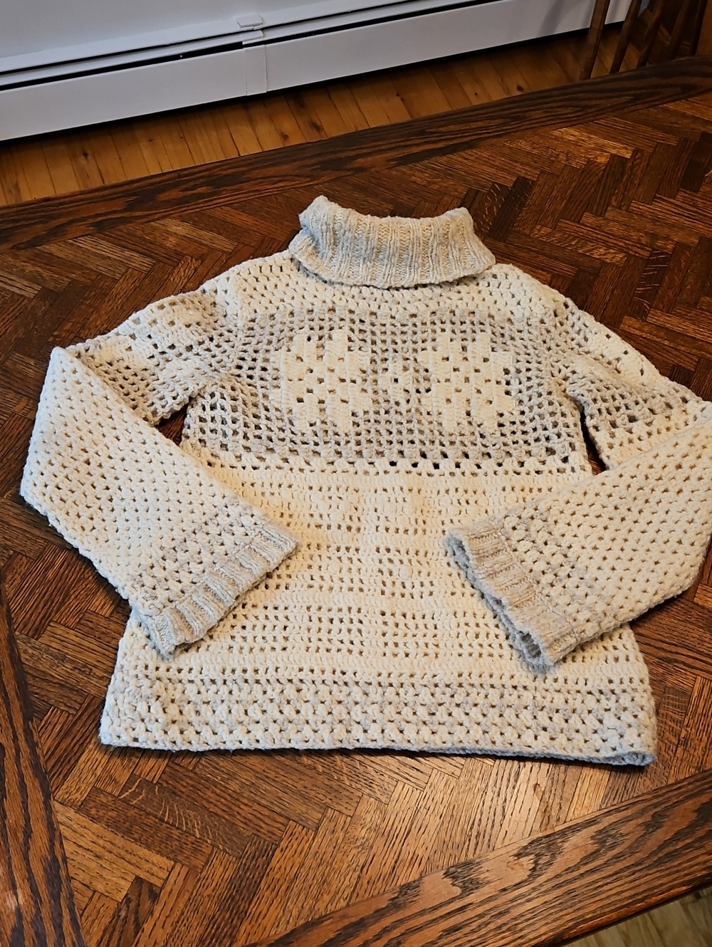 Express Hand Knit Cream Crochet Turtleneck Sweater